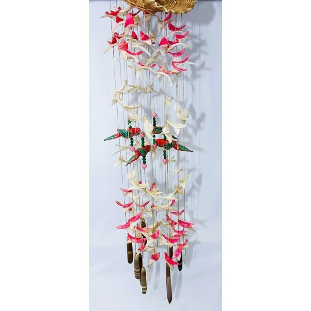 Vintage Colored Seashell & Parrots Windchime Chandelier With Rattan Basket READ